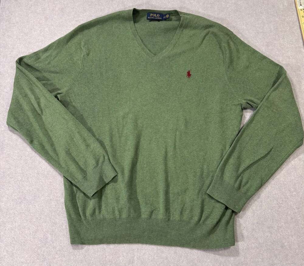 Polo Ralph Lauren V-Neck Sweater Size L Green Pima Cotton